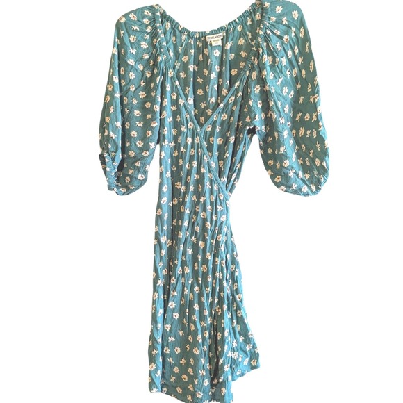 Billabong Teal Green Floral Off Shoulder Wrap Dress Puff Sleeve Rayon Womens L - Picture 2 of 16